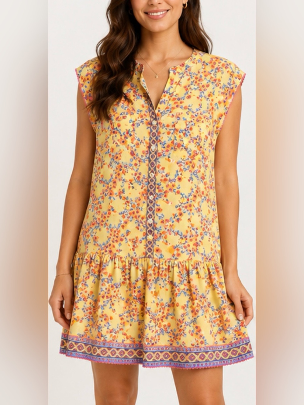 Poupette St Barth Amora Drop Waist Mini Dress Yellow Kookoo Bird Large NWT - Picture 2 of 16